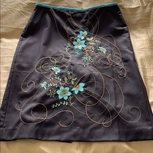 LOFT brown pencil skirt, blue embroidery